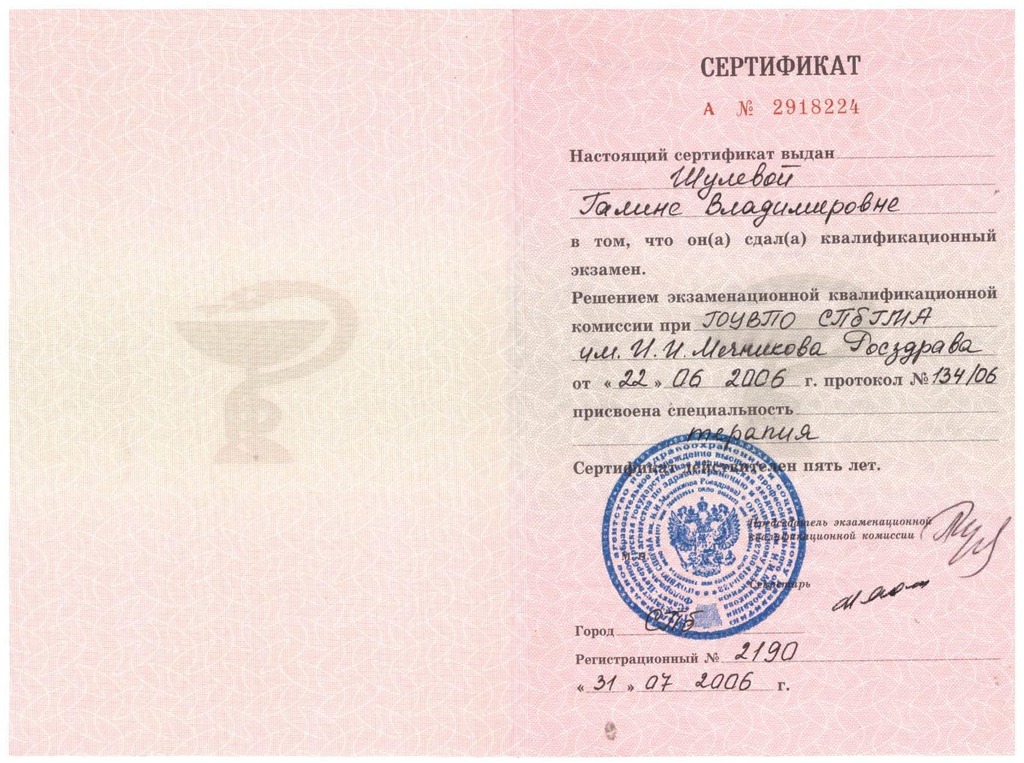 Документ подтверждающий что Галина Владимировна Киуру получил(а) сертификат профильного образования по специальности терапия